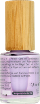 Tył odżywki Alterra 02 Amethyst 3 w 1 do paznokci, fioletowa butelka 10.5 ml z drewnianą nakrętką.