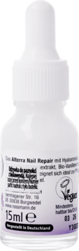 Tył odżywki Alterra Nail Repair w białej butelce z pipetą, widoczne logo Vegan, napis 15ml i data ważności.