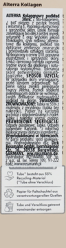 Tył opakowania Alterra Kolagenowy podkład Light. Opis z fito-kolagenem, Q10, olejem morelowym, poprawia skórę.