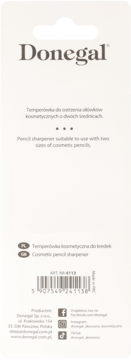 Tył opakowania temperówki kosmetycznej Donegal. Widoczny opis w jęz. polskim i angielskim, kod kreskowy.