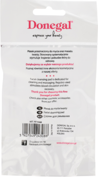Tył białego opakowania płatka Donegal do mycia twarzy, z kodem kreskowym i opisem działania po polsku i angielsku.
