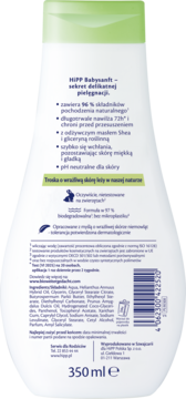 Tył białej butelki mleczka HIPP Babysanft Sensitive do skóry wrażliwej, z masłem Shea, 350 ml, zielona nakrętka, tekst o składnikach.