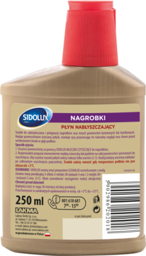 Tył butelki Sidolux Nagrobki Płyn nabłyszczający 250ml, beżowy kolor, czerwona zakrętka, widoczna etykieta z kodem EAN.