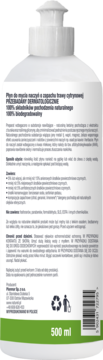 Tył białej butelki płynu do naczyń 500ml z pompką. Etykieta: zapach trawy cytrynowej, naturalny, biodegradowalny.