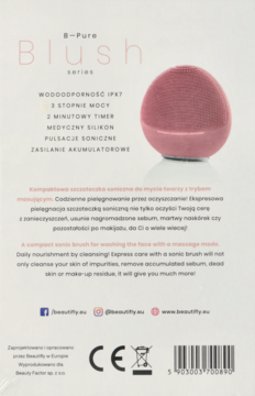 Tył białego opakowania B-Pure Blush z różową szczoteczką soniczną, z opisami funkcji i kodem kreskowym.