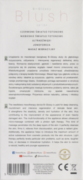 Tył opakowania B-Glossy Blush, urządzenie do mezoterapii bezigłowej. Białe pudełko, opis, barcode i CE.