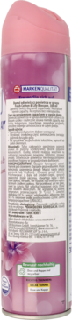Tył różowo-fioletowej puszki odświeżacza powietrza z niemieckim tekstem, logo jakości i symbolami recyklingu.