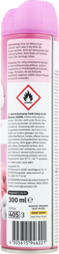 Tył różowego odświeżacza powietrza Denkmit Fresh Cotton & Lily, 300 ml, z etykietą, symbolem zagrożenia i kodem kreskowym.