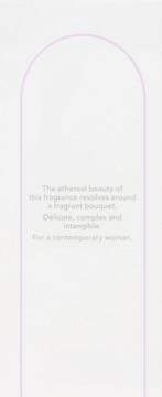 Tekst reklamowy perfum Furla Irresistible: "ethereal beauty", "fragrant bouquet" na białym tle w fioletowej ramce.