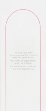 Marketing text for fragrance, 'fizzy and green notes,' inside a pink arched outline on a white background.