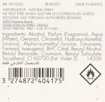 Tylna etykieta perfum Kenzo z listą składników zapachu, kodem kreskowym i tekstem ostrzegawczym.