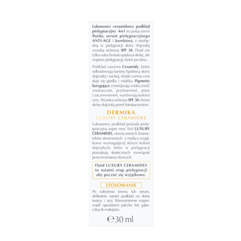Białe opakowanie podkładu Dermika Luxury Ceramides 30ml, z polskim opisem, widok boczny.