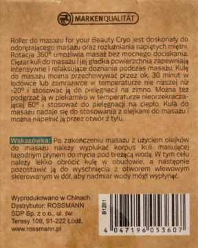 Tył opakowania rollera do masażu for your Beauty Cryo marki Rossmann z polskim tekstem i kodem kreskowym.