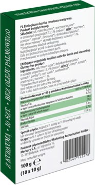 Tył zielonego pudełka ekologicznych kostek bulionowych warzywnych z kurkumą, bez oleju palmowego, biały tekst.