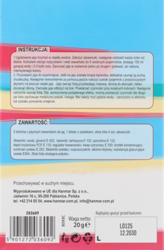 Tył opakowania zestawu farb do malowania jajek na Wielkanoc, z instrukcją i składem w języku polskim.