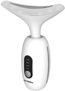 Biały masażer Garett Beauty Lift Skin z wygiętą głowicą do szyi, widok z przodu, panel sterowania.