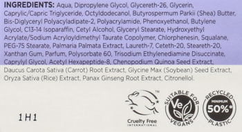 Tył opakowania kremu na noc B. z listą składników, certyfikatami Cruelty Free i Vegan.