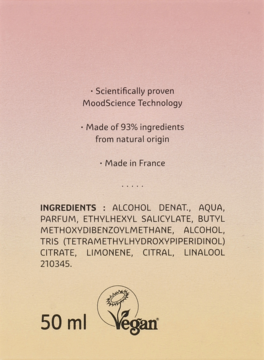 Tył opakowania wody toaletowej Just be Happy 50ml, widoczny skład, info MoodScience i Vegan, tło gradientowe.