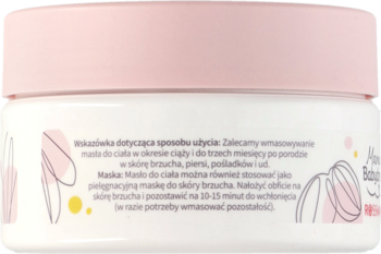 Tył białego słoika Mamas Babydream Masło do ciała 2 w 1 z różową nakrętką i instrukcją użycia w języku polskim.