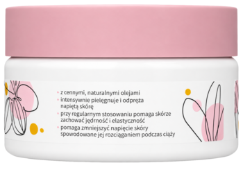 Tył białego słoiczka Mamas Babydream Masło do ciała 2 w 1 z różową nakrętką, grafika kwiatów i polskie teksty o pielęgnacji skóry.