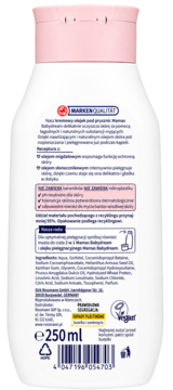 Tył opakowania Mamas Babydream kremowy olejek pod prysznic 250ml, biała butelka z różową nakrętką, widoczne składniki i kod kreskowy.