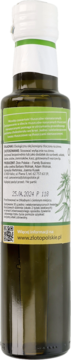 Tył zielonej butelki ekologicznego oleju konopnego tłoczonego na zimno. Etykieta z polskim opisem i QR kodem.