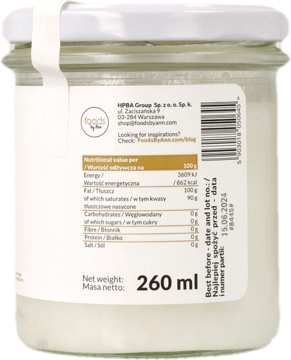 Tył szklanego słoika z ekologicznym olejem kokosowym Food by Ann 260ml, z widoczną etykietą i danymi żywieniowymi.