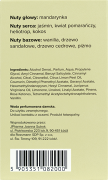 Tył opakowania Scent of beauty N°1 wody perfumowanej. Nuty zapachowe i składniki na jasnozielonym tle z kodem EAN.