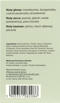 Tył opakowania perfum damskich Scent of Beauty, z nutami zapachowymi, listą składników i kodem kreskowym.