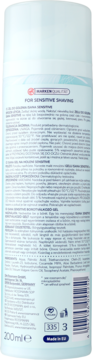 Tył opakowania żelu do golenia Isana Sensitive 200ml, jasnoniebieska puszka z białym tekstem i kodem kreskowym.