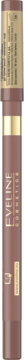 Matowa żelowa kredka do ust Eveline Variété 01 Nude. Smukła, rudobrązowa tuba ze złotym paskiem, widok z przodu.
