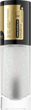 Biały brokatowy lakier Eveline Gel Nail Polish w szklanej butelce z czarną nakrętką, widok z przodu.