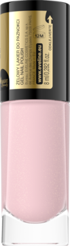 Jasnoróżowy lakier do paznokci Eveline Gel Nail Polish w szklanej butelce, widok z przodu, złota etykieta.
