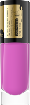 Różowy lakier Eveline Gel Nail Polish, widok z przodu butelki z czarną nakrętką i złotą etykietą.