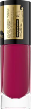 Tył butelki różowego lakieru Eveline Gel Nail Polish z etykietą producenta, 8ml pojemność.
