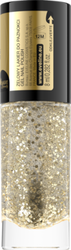Eveline Gel Nail Polish, błyszczący złoty brokatowy lakier do paznokci w szklanej buteleczce 8ml, widok z przodu.