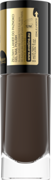 Eveline Cosmetics Gel Nail Polish w ciemnobrązowym kolorze, butelka z czarną nakrętką, widok z przodu.