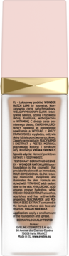 Tył opakowania rozświetlającego podkładu Eveline Wonder Match Lumi w szklanej butelce z jasnoróżową zakrętką.