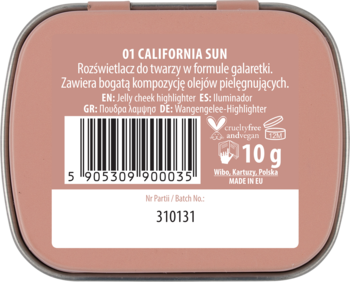 Tył jasnoróżowego opakowania rozświetlacza NAM Smart Jelly 01 California Sun z kodem kreskowym i opisami.