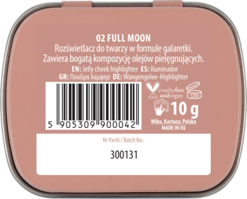 Tył różowozłotego opakowania rozświetlacza NAM Smart Jelly, kolor 02 FULL MOON, waga 10g, z tekstem i kodem kreskowym.