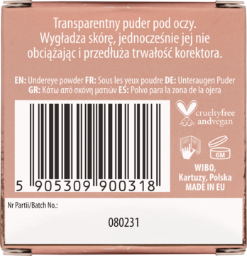 Tył różowego opakowania transparentnego pudru pod oczy Wibo, z kodem kreskowym, ikonami i danymi producenta.