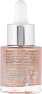 Tył szklanej butelki płynnego rozświetlacza NAM Diamond Drops Mixer w odcieniu różowego złota z droperem, 15ml.