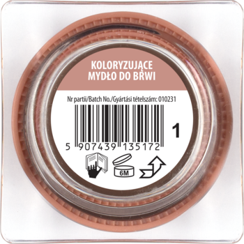Koloryzujące mydło do brwi NAM nr 1, widok z góry. Okrągły słoik z brązową nakrętką i białą etykietą z kodem.