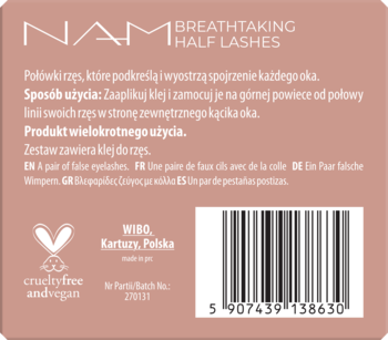 Tył opakowania rzęs NAM BREATHTAKING HALF LASHES, pudroworóżowy, z opisem po polsku i kodem kreskowym.