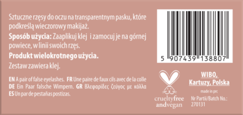 Tył beżowego opakowania sztucznych rzęs Wibo z instrukcją użycia, informacją o kleju i kodem kreskowym.
