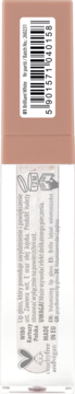 Back view of nude lip gloss tube, shade #01 Softbrown Latte, with barcode, "VEGAN" logo, and product details.