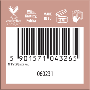 Tył opakowania balsamu do ust Wibo, z kodem kreskowym i certyfikatem crueltyfree.