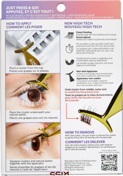 Tył opakowania KISS imPRESS FALSIES Press-on Lash KIT z instrukcją aplikacji kępek rzęs i grafikami.