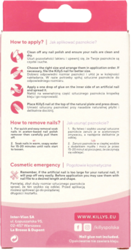 Back of Killys artificial nails packaging, showing application/removal instructions in English/Polish, and 'Nail glue not included' note.