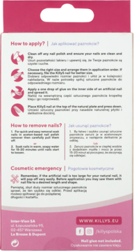 Tył różowo-białego opakowania sztucznych paznokci Killys, z instrukcjami aplikacji, usuwania i info o braku kleju.